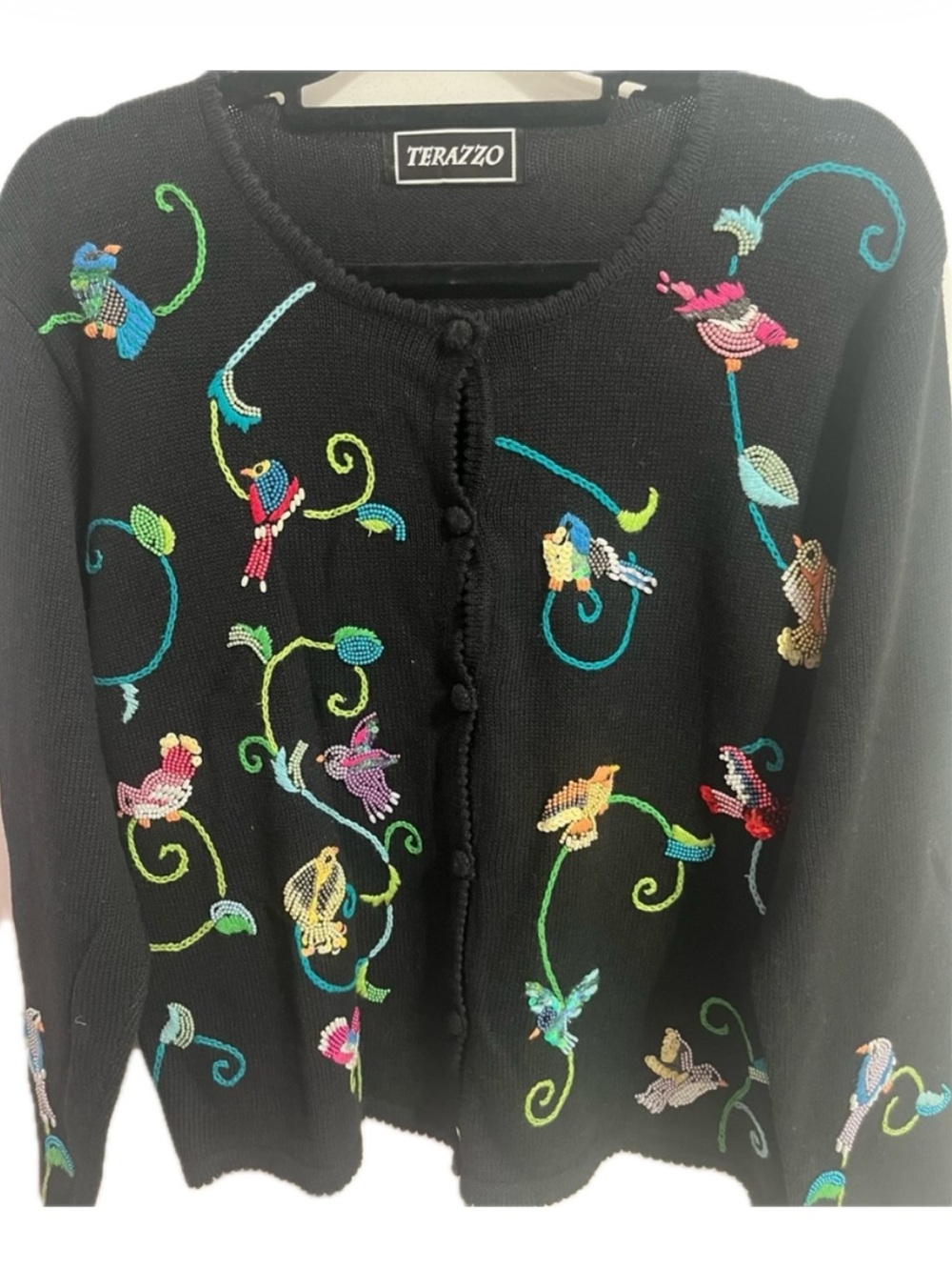 Terrazzo Vintage Beads Sequins Bird parrot hummingbird cardigan estate sweater